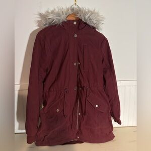Women's Burgundy Parka with Faux Fur Interior and Hood
